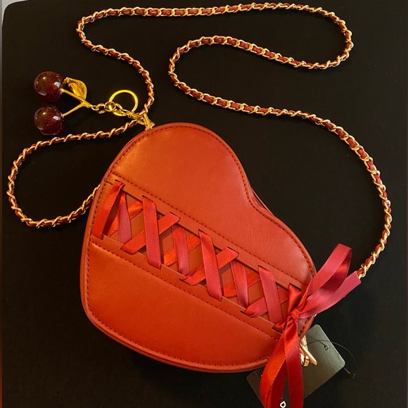 Torrid Red Heart Corset Ribboned Crossbody Bag & New Sparkle Cherry Charm - NWT! - Picture 1 of 6